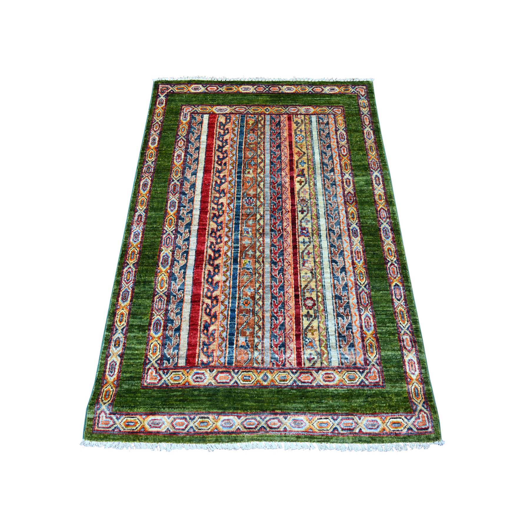 Basil Green, Afghan Super Kazak with Shawl Design, Hand Knotted, Soft and Shiny Wool, Vegetable Dyes, Oriental Rug